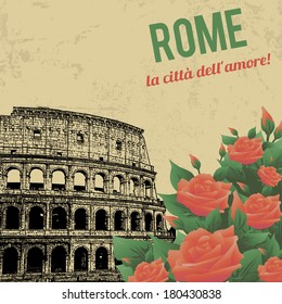 Vintage touristic poster background -  Rome the City of Love( la cita dell'amore), vector illustration