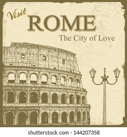 Vintage touristic poster background - Visit  Rome the City of Love, vector illustration