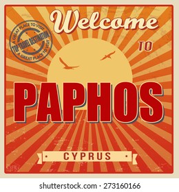 Vintage Touristic Welcome Card - Paphos, Cyprus, vector illustration