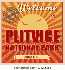 Vintage Touristic Welcome Card - Plitvice National Park, Croatia, vector illustration