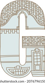 Vintage Town Alphabet in pastel Colors, Handdrawn retro village house letter G
