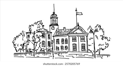 vintage town hall building with trees hand-drawn illustration