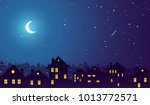 Vintage town at night. Bright moon and shooting star.