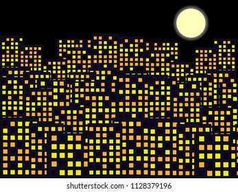Vintage town at night. Bright moon and shooting star.