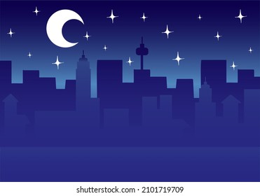 Vintage town at night. Bright moon and shooting star. Night cityscape in flat style. Night city silhouette. Modern night city landscape. Dark urbanscape stock vector