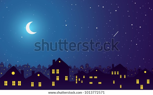 Vintage\
town at night. Bright moon and shooting\
star.