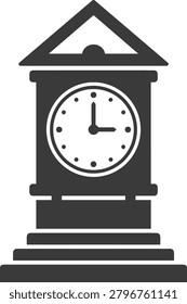 Vintage town square clock tower icon, classic monumental street watch silhouette, antique city timepiece flat design illustration