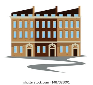 Vintage townhouse building in 1900s style, urban construction vector. Retro brick architecture with entrance in framing, old-fashioned architectural design. Entrance door, American history symbol