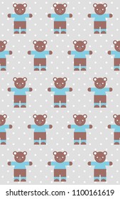 Vintage Toy Bear seamless pattern. Brown, grey, blue colors. Vector illustration.