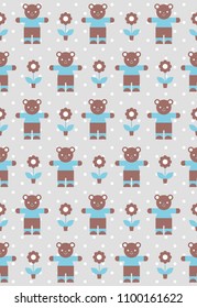 Vintage Toy Bear seamless pattern. Brown, grey, blue colors. Vector illustration.