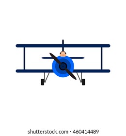 Vintage toy biplane with pilot. Blue color, front view. Vector illustration. Isolated on white background.