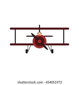 Vintage toy biplane with pilot. Red color, front view. Vector illustration. Isolated on white background.
