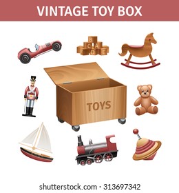 Vintage Toy Box Set With Rocking-horse Train And Ship Realistic Isolated Vector Illustration 