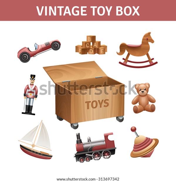 Vintage toy box set with\
rocking-horse train and ship realistic isolated vector illustration\
