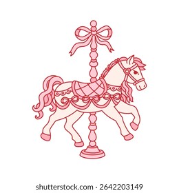 Vintage toy, carousel horse stylized in coquette aesthetic. Whimsical trendy animal with bow ribbon. Old fashioned pink children toy. Vector clip art on white background