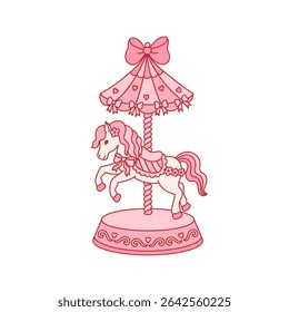 Vintage toy, carousel horse stylized in coquette aesthetic. Whimsical trendy animal with bow ribbon, hearts. Old fashioned pink children toy. Vector clip art isolated on white background
