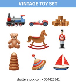 Vintage toy realistic icons set with teddy bear ship and soldier isolated vector illustration 