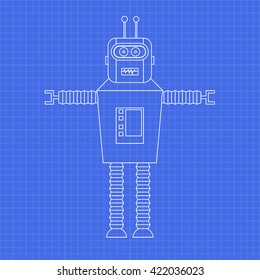 Vintage toy robot. Toy robot on graph paper. Vector blueprint.
