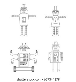 Vintage toy robots  in a white background. Vector set of different cartoon robots. Coloring book.  Design for kids. 