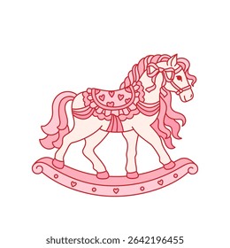 Vintage toy, rocking horse stylized in coquette aesthetic. Whimsical trendy animal with bow ribbon, lace, hearts. Old fashioned pink children toy. Vector clip art on white background