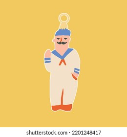 Vintage toy sailor man. Retro Christmas Ornament in vector.