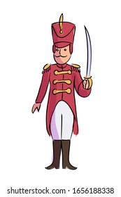 Vintage toy soldier wearing red tunic uniform, hat holding sword in hand. Children accessory to play in kindergarten and at home. Object standing isolated on white background. Vector illustration