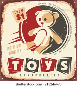 Vintage Toy Store Metal Sign Design Concept. Retro Poster Template With Teddy Bear. 