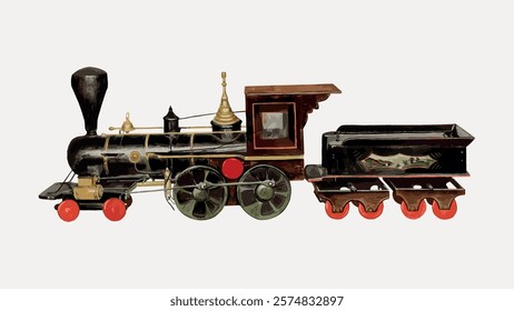 Vintage toy train with black and red colors. The toy train features intricate details, with a classic design. A charming collectible toy train. Vintage illustration isolated on white, vector.