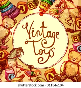 Vintage Toys Composition With Old Style Blocks And Clockwork Bird Vector Illustration