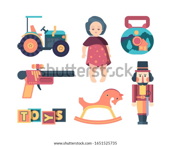 vintage toys. happy\
childhood decorative funny items blocks soldier dolls and machine.\
vector retro\
collection