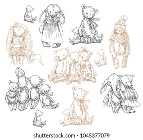 Vintage toys illustrations. Rabbits, bears, dolls.