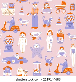 Vintage toys seamless pattern. Amusement park various of prize: dolls, cars, gumball machine, cowboy, cat. 