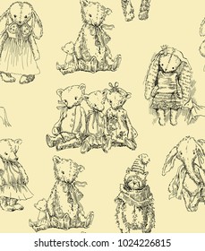 Vintage toys seamless pattern. Vector illustrations. Rabbits, bears, dolls.