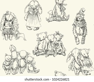 Vintage toys seamless pattern. Vector illustrations. Rabbits, bears, dolls.