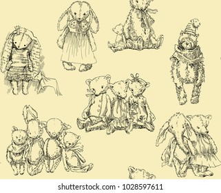 Vintage toys seamless pattern. Vector illustrations. Rabbits, bears, dolls.