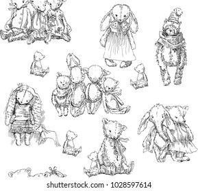 Vintage toys seamless pattern. Vector illustrations. Rabbits, bears, dolls.