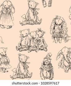 Vintage toys seamless pattern. Vector illustrations. Rabbits, bears, dolls.
