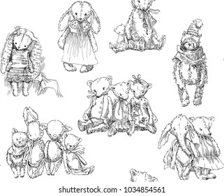 Vintage toys seamless pattern. Vector illustrations. Rabbits, bears, dolls.