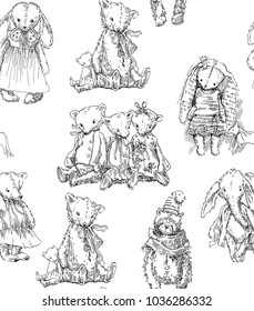 Vintage toys seamless pattern. Vector illustrations. Rabbits, bears, dolls.