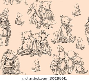 Vintage toys seamless pattern. Vector illustrations. Rabbits, bears, dolls.