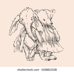 Vintage toys seamless pattern. Vector illustrations. Rabbits, bears, dolls.