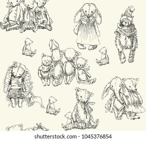 Vintage toys seamless pattern. Vector illustrations. Rabbits, bears, dolls.