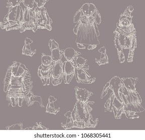 Vintage toys seamless pattern. Vector illustrations. Rabbits, bears, dolls.