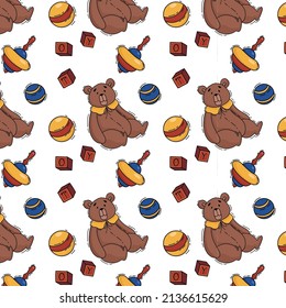 Vintage-Spielzeug-Muster nahtlos. Vektorgrafik. Weiche Teddybär, Krümel, Bälle