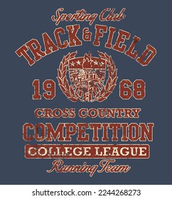 Vintage track and field college athletic sporting club grunge vector artwork for t shirt boy sport wear