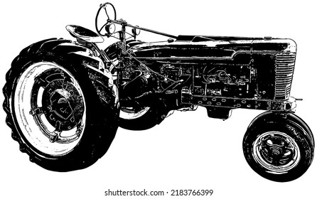 Vintage Tractor in black on white background 