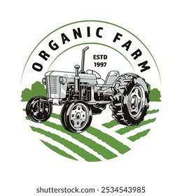 A vintage tractor is illustrated within a circular design, symbolizing an organic farm. The artwork emphasizes sustainability in agriculture.