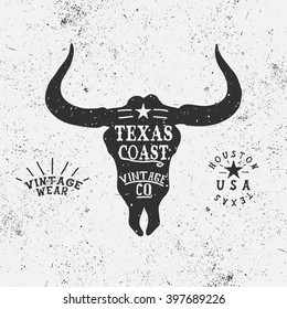 Vintage trademark with bull head.Texas Coast.Silhouette of  face.Typography western design for t-shirts.Vector illustration