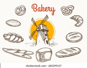 Vintage traditional bakery products vector sketch. Wheat and rye bread and grain mill hand drawn illustration isolated on white background