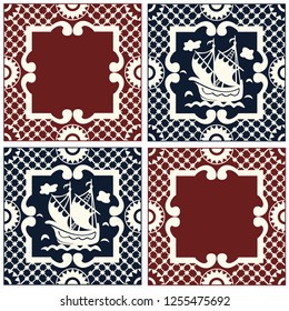 Vintage traditional ceramic mosaic with sailboat floating on waves. Vector illustration with ship for printing on fabric or paper. Ornament in Dutch tiles Style. Universal seamless pattern fills. 